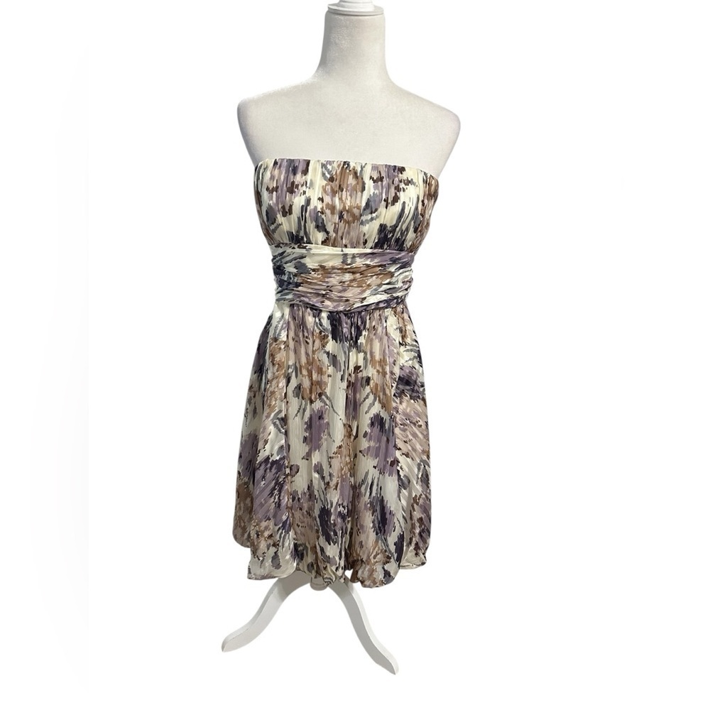 BCBGMaxAzria‎ Strapless Floral 100% Silk Dress Lavender Cream Cocktail Formal 8